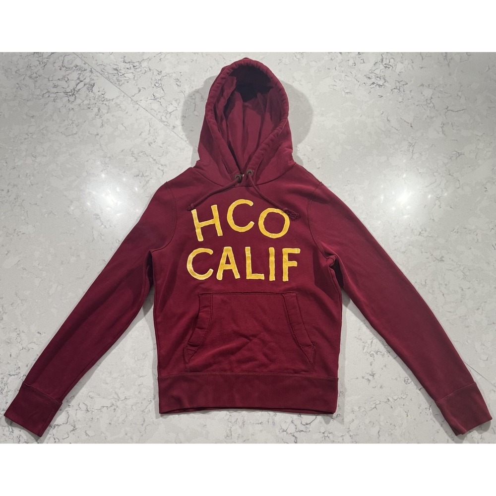 VTG Y2K Hollister Hoodie Mens Small Burgundy Red Fleece Sweatshirt Pullover